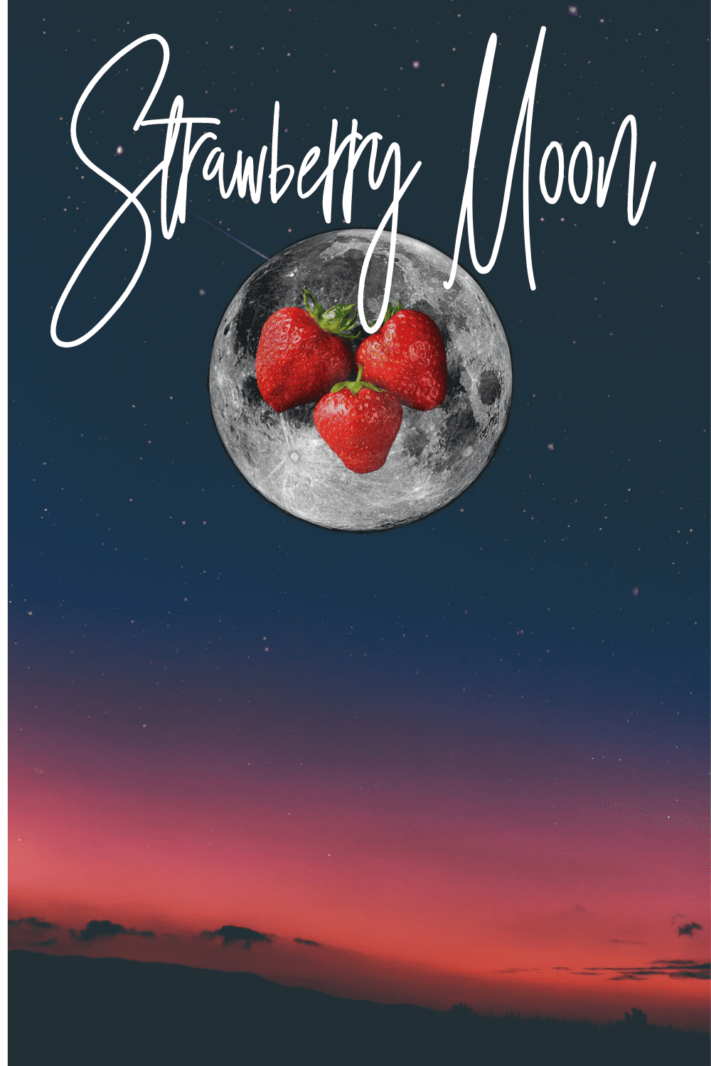 June Full Moon with strawberries under a blue red sky.